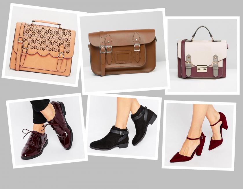 Слева направо (сумки): Asos, 2200 руб., The leather satchel company, 6422 руб., Asos, 2200 руб. Обувь: Asos, 2200 руб., New look, 1833 руб., Asos, 2500 руб.