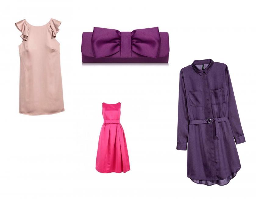 На фото: розовое платье H&M, 1799 руб., клатч-бант Anita, 1320 руб., платье цвета фуксии Lamania, 2499 руб., фиолетовое платье H&M, 1699 руб.